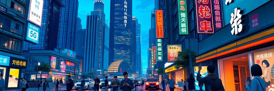 香港城市夜景，繁忙街道，霓虹燈光，市民使用手機，展現先進5G科技與都市生活的融合