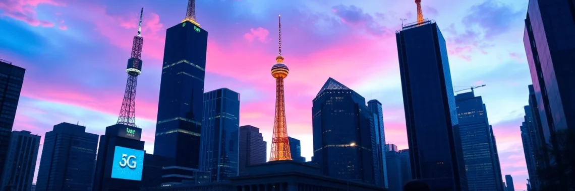現代城市天際線，展現5G網絡塔與建築融合的景象，夜幕降臨，燈光閃爍，科技感十足。