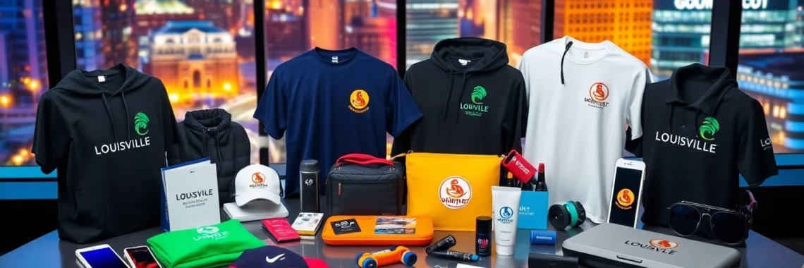 High-quality promotional products in Louisville displayed on a modern table with branding elements, appealing to local businesses seeking custom marketing items.