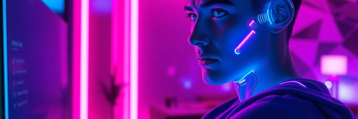 Futuristic scene of a user interacting with a vibrant AI character on a high-tech screen, glowing neon lights create a sensual atmosphere.