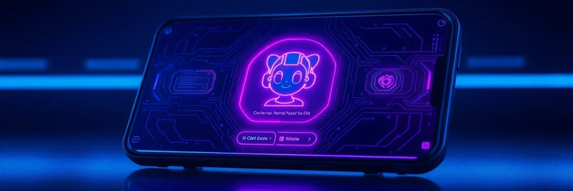 An illustration of a futuristic AI chat interface with a digital character on a glowing screen in a dark, neon-lit setting.