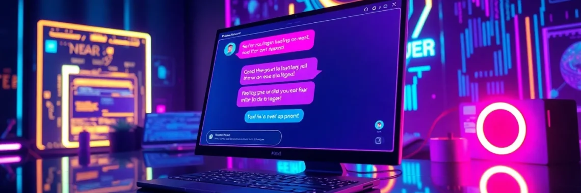 Futuristic AI chatbot interface with neon lighting in a modern workspace