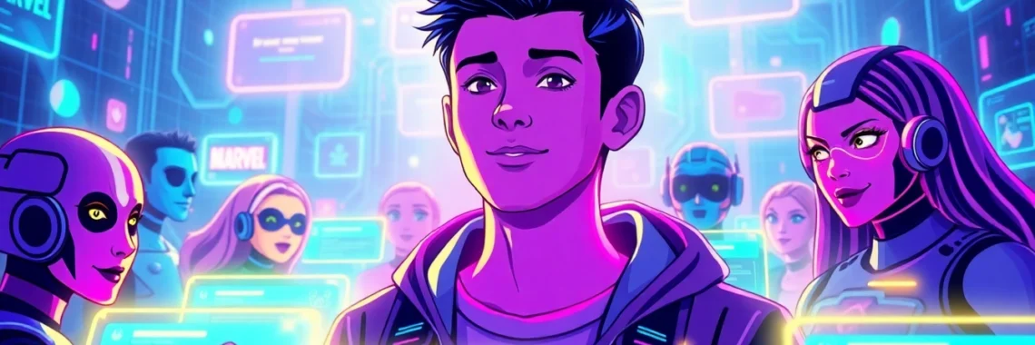 A futuristic virtual social media scene with an avatar interacting with AI characters and holographic fandom icons.