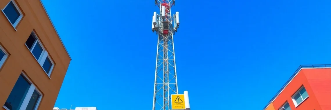 Digital Awaaz blog features an illustrative image of a mobile tower with safety measures, emphasizing urban technology awareness for screen readers.