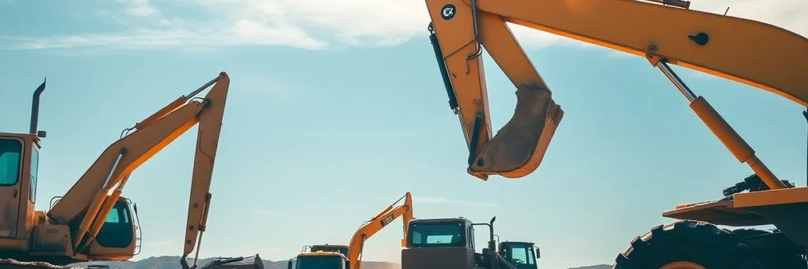 Construction equipment rental with heavy machinery on-site facilitating large-scale building projects, showcasing efficient rental solutions for construction needs.