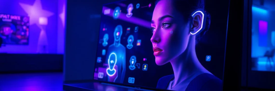 Futuristic AI interface with holographic female characters in a neon-lit room