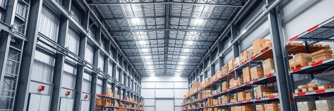 Moderne LED-Hallenbeleuchtung in einer Industriehalle, hell und gleichmäßig beleuchtet.