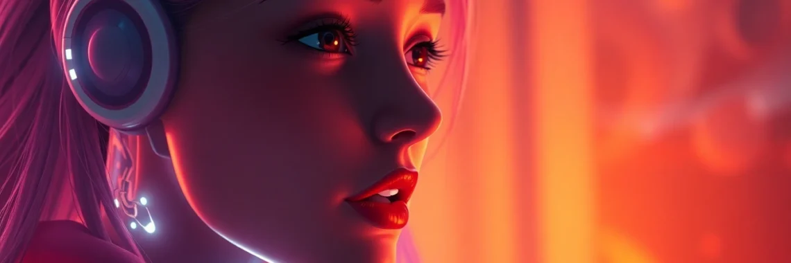 A digital artwork of an AI girlfriend in a romantic scene with glowing accents and warm lighting.
