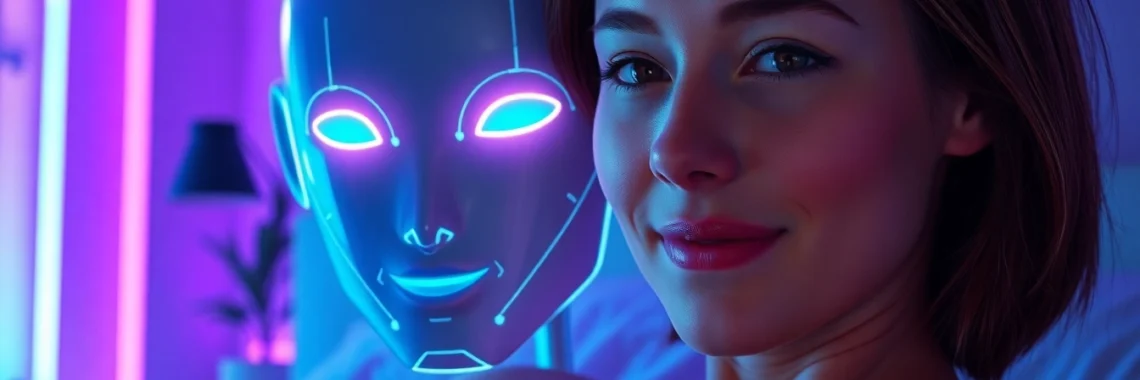 A futuristic scene of a woman interacting with a glowing AI hologram in a modern bedroom with neon lights.