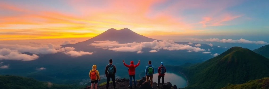 An early morning view of Mount Rinjani with hikers at the crater rim, showcasing the mountain's majestic presence and vibrant colors of sunrise.