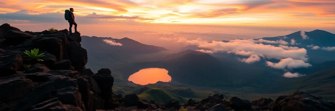 Hiker overlooking Mount Rinjani's crater rim at sunrise with lush valley and lake below