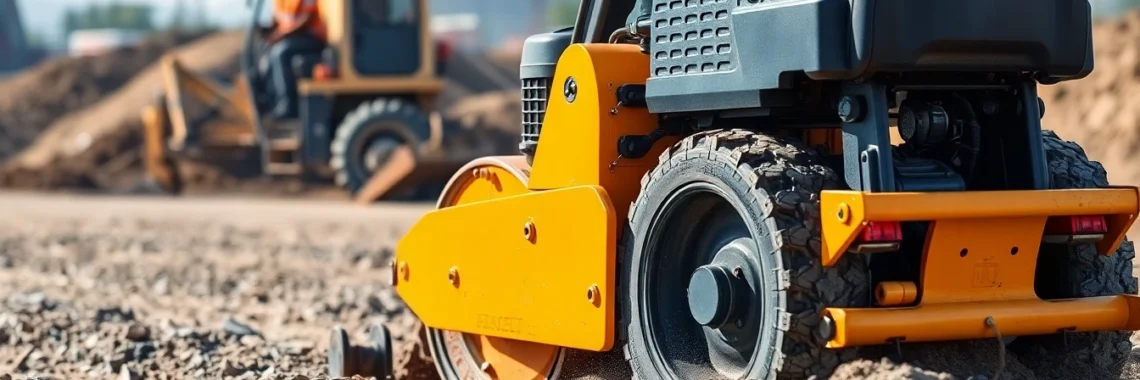 Efficient compactors rental service showcased with a worker using a plate compactor on a construction site for soil and pavement prep.