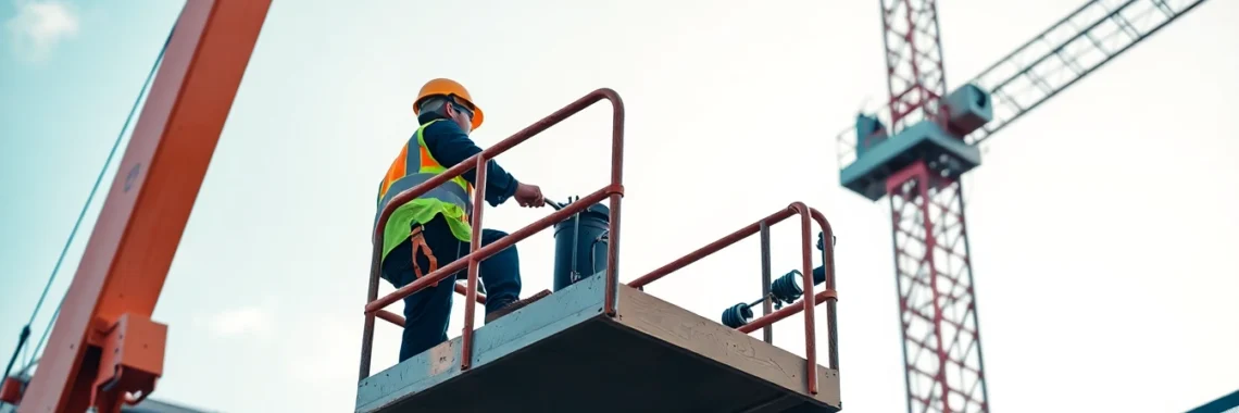 Efficient boom lift rental in action at a construction site, showcasing safe height access and operator control for professional projects