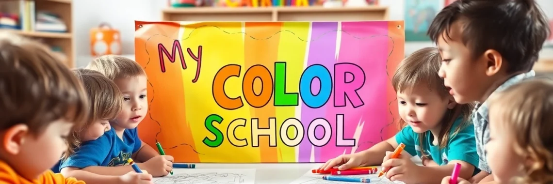 Illustration of children engaging in colorful art activities at My Color School, showcasing educational creativity and vibrant designs.