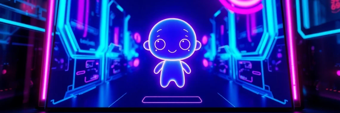 Futuristic digital hologram of an AI character with vibrant neon accents and expressive features in a high-tech environment.