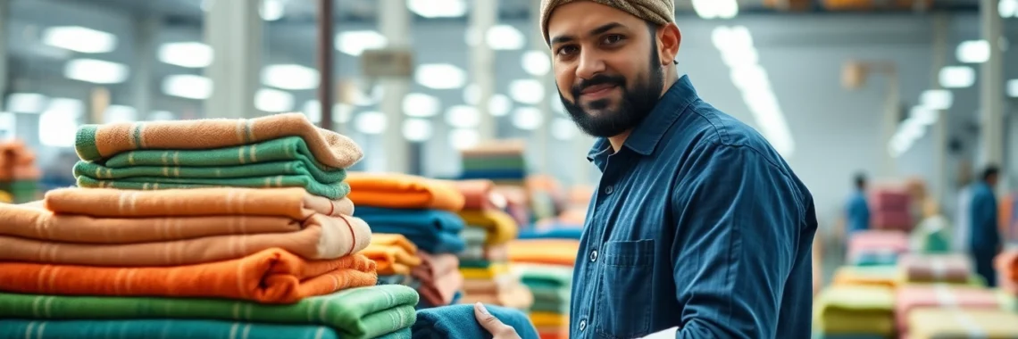 Pakistani towel export industry showcasing high-quality towels in a modern factory setting, highlighting textile manufacturing excellence and export readiness.