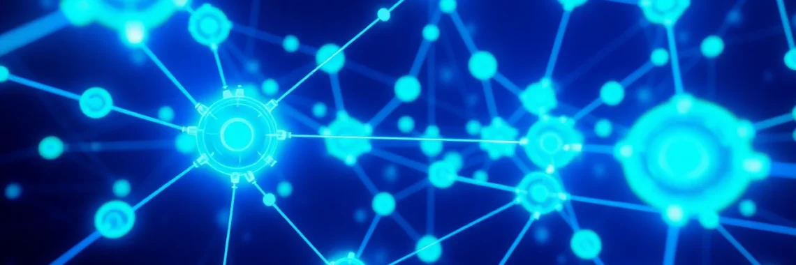 Blockchain technology featuring interconnected nodes and digital ledger visuals highlighting