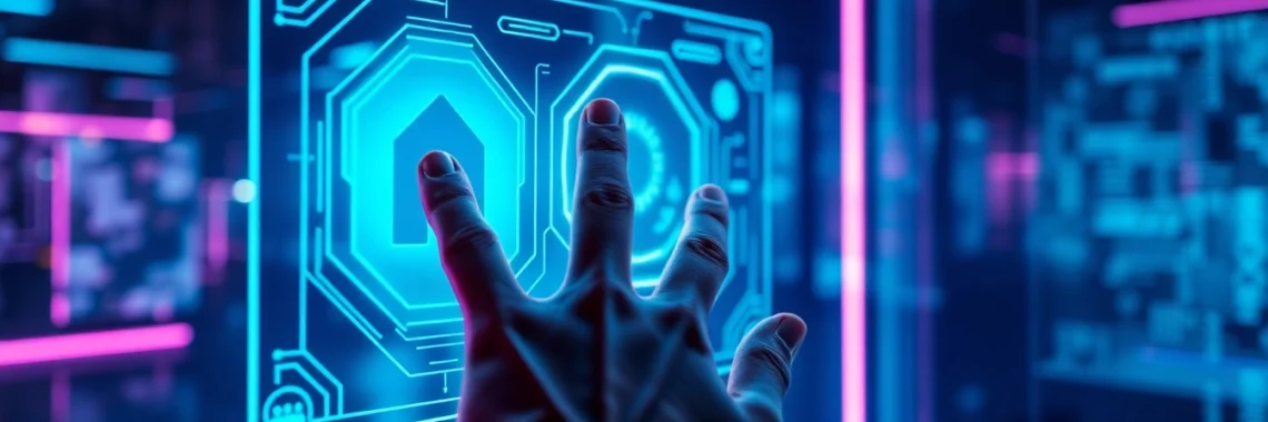 Futuristic user interacting with a holographic AI interface with neon lighting in a modern tech environment.