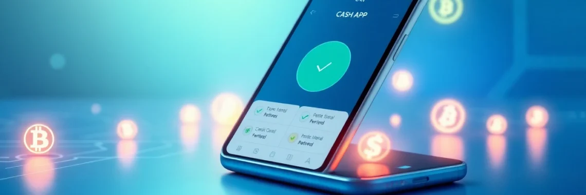 An illustration of a smartphone showing a verified Cash App account interface with digital currency symbols and a glowing, modern background.