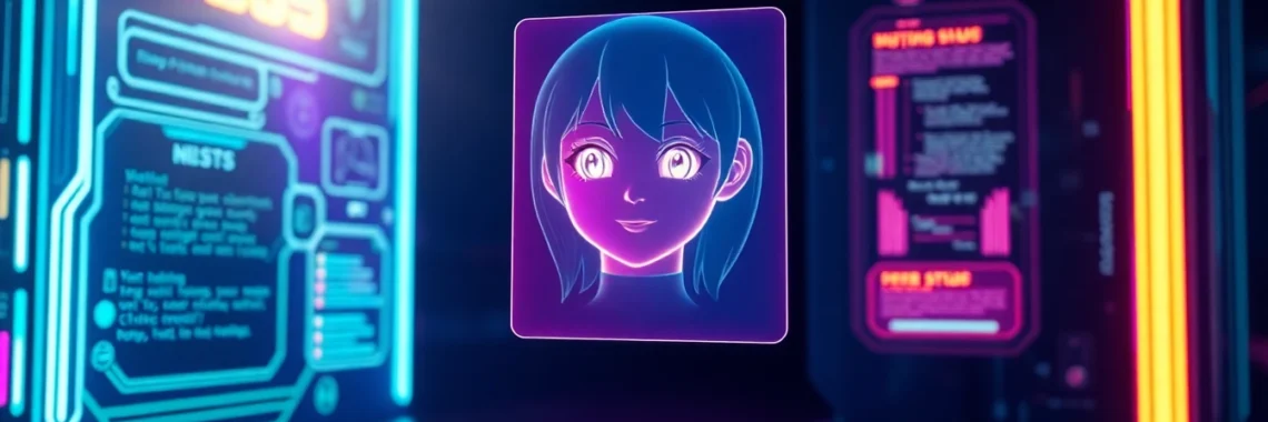 Futuristic holographic AI girlfriend interface with neon lights and digital textures in a cyberpunk environment.