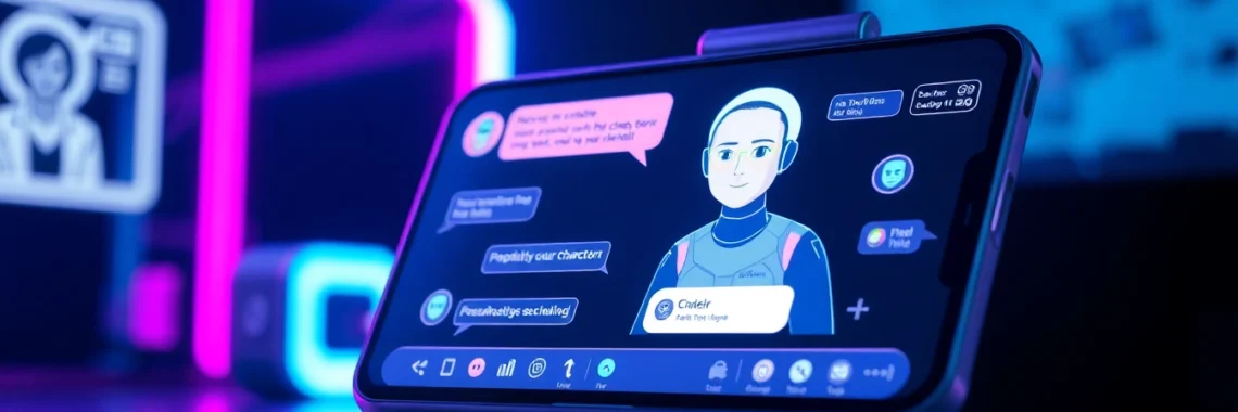 A person interacting with a customizable AI chatbot on a futuristic digital device with neon lighting effects.