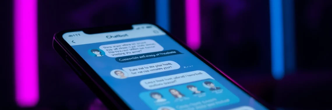 Smartphone displaying a futuristic AI chat interface with suggestive content and customizable characters, in a dark, neon-lit environment.