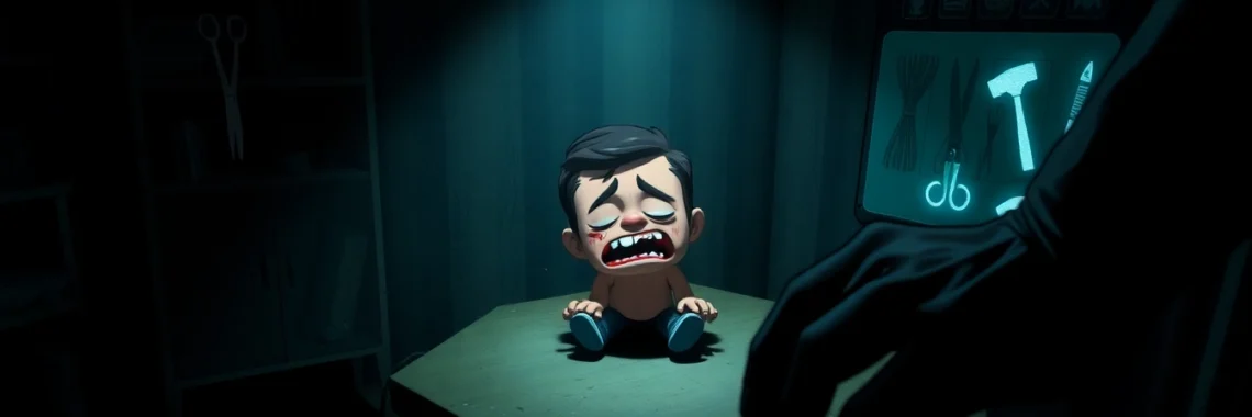 A disturbing scene of Harvey suffering as he's clicked on in a dark, oppressive setting, with violent tools nearby.