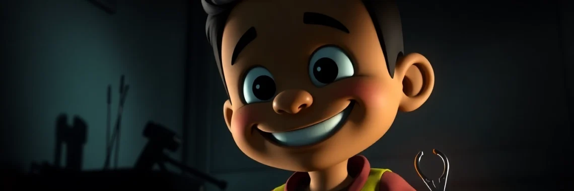 A disturbing scene of Harvey, a cheerful cartoon character, in a dark room with ominous tools, reflecting the game's psychological horror theme.