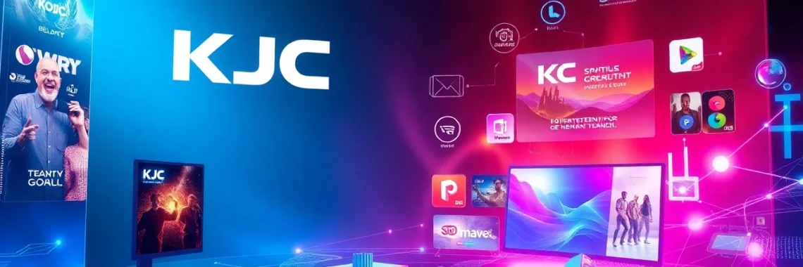 KJC logo displayed with engaging visuals of global entertainment network and modern digital