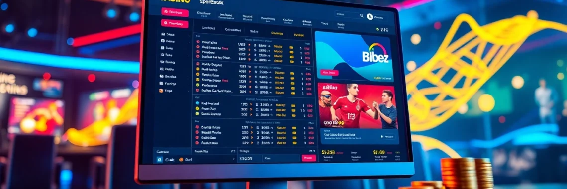 Online sportsbook and casino interface with sports betting options and vibrant digital environment