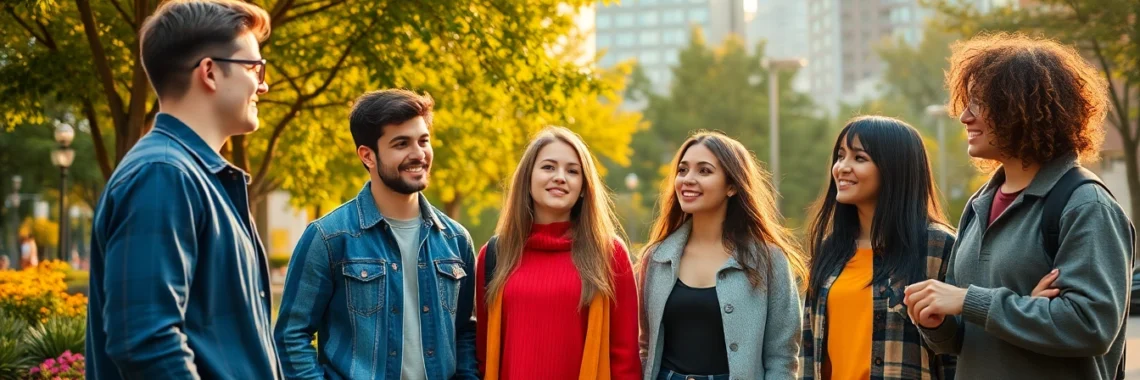 Group of young adults chatting in a vibrant city park during golden hour