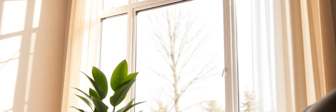 Replacement Windows: energy-efficient vinyl frame installed in a bright living room.