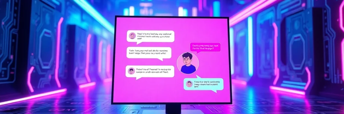 Futuristic AI chatbot interface with vibrant neon accents and digital background.