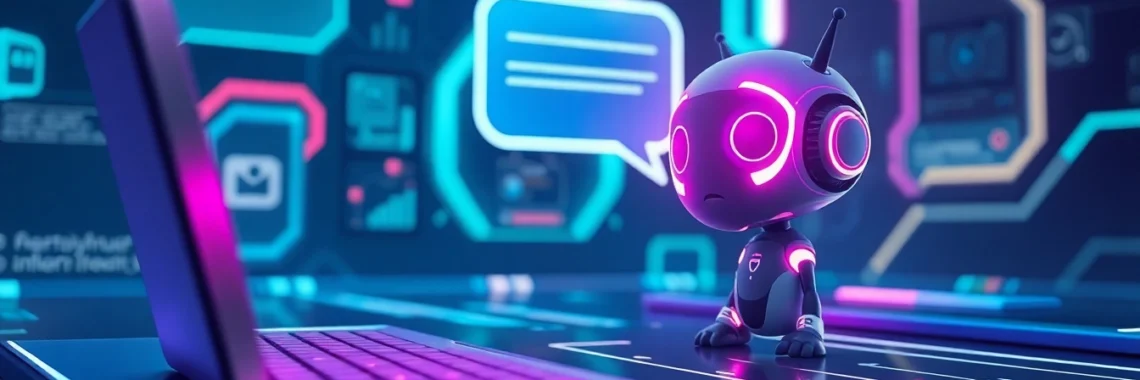 Futuristic digital chat interface with glowing AI character and holographic elements in a cyber-inspired environment.