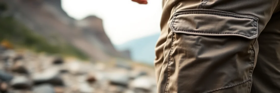 Men confidently wearing durable cargo shorts with functional pockets, perfect for outdoor adventures.
