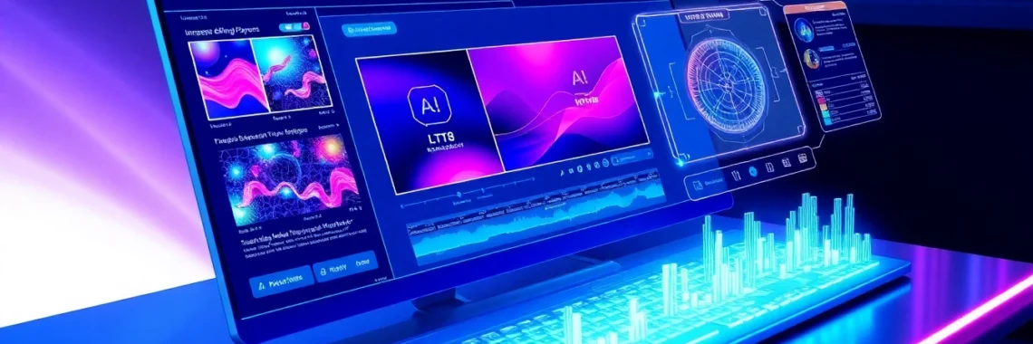A futuristic workspace with a computer screen displaying the Nano Banana AI interface, holographic overlays, and advanced editing visuals.