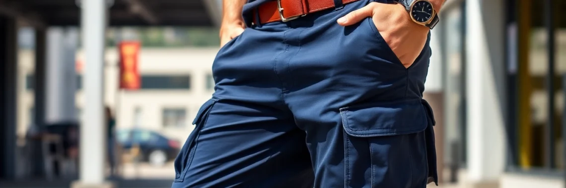 Men confidently showcasing cargo shorts with multiple pockets during outdoor activity for casual style and comfort.
