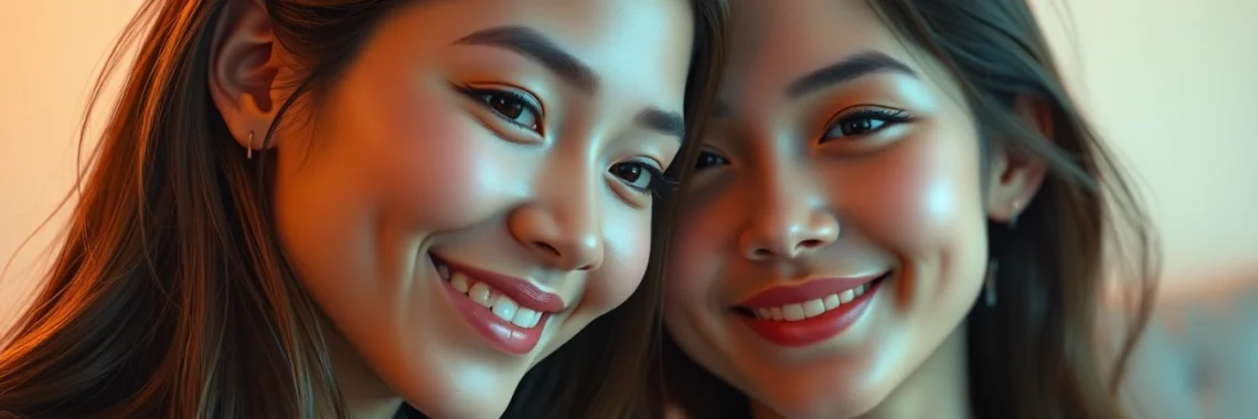AI girlfriend engaging in a warm, friendly conversation with a smiling woman, emphasizing digital companionship and connection.