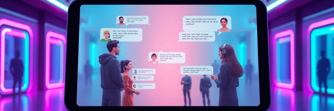 Modern digital illustration of people interacting with AI chatbot interfaces on devices in a high-tech environment.