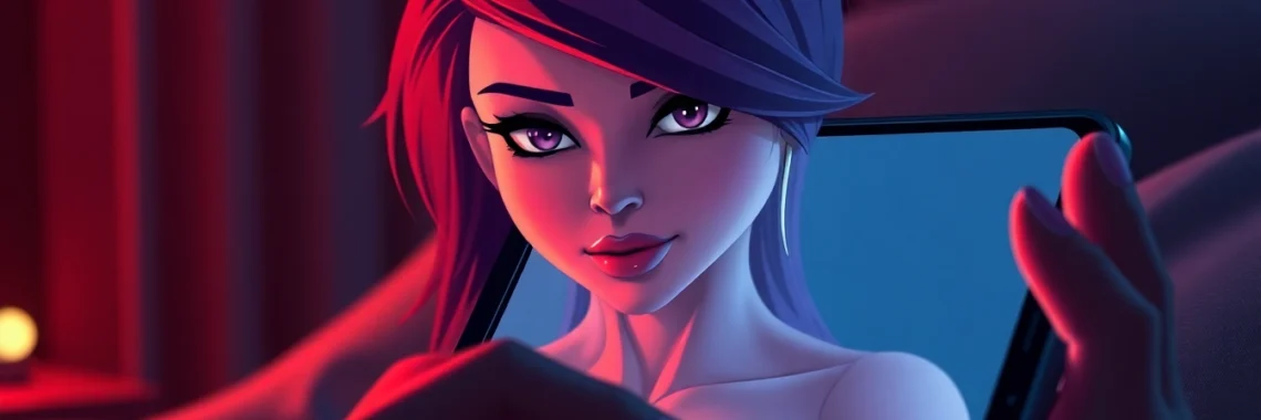 Close-up of a smartphone displaying an alluring AI character in a dimly lit environment.