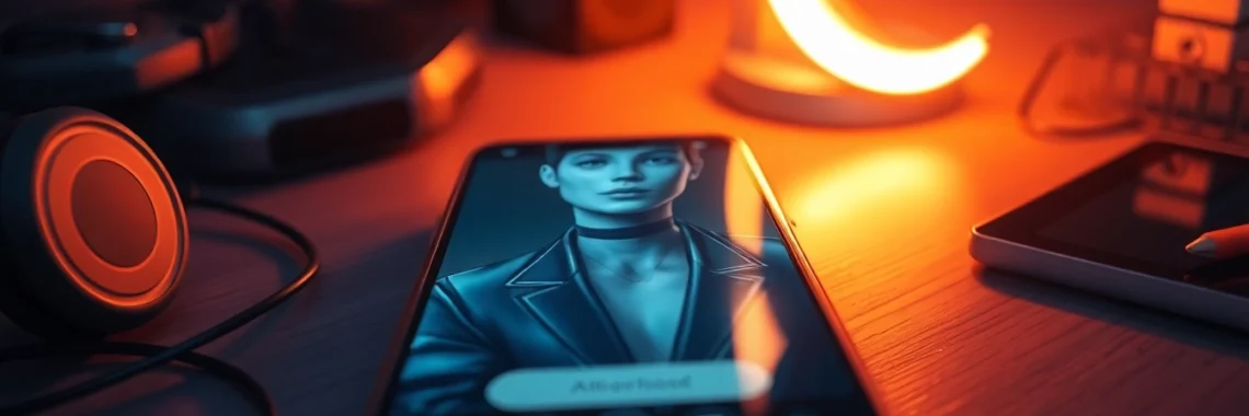 An illustration of a smartphone displaying a customizable AI character chat in a cozy, dimly lit room with tech accessories nearby.