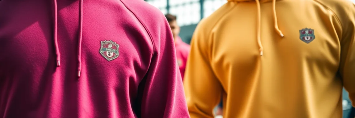 High-quality teamwear hoodies being embroidered with logos, stylish and comfortable, perfect for sports teams and brands seeking customizable apparel.