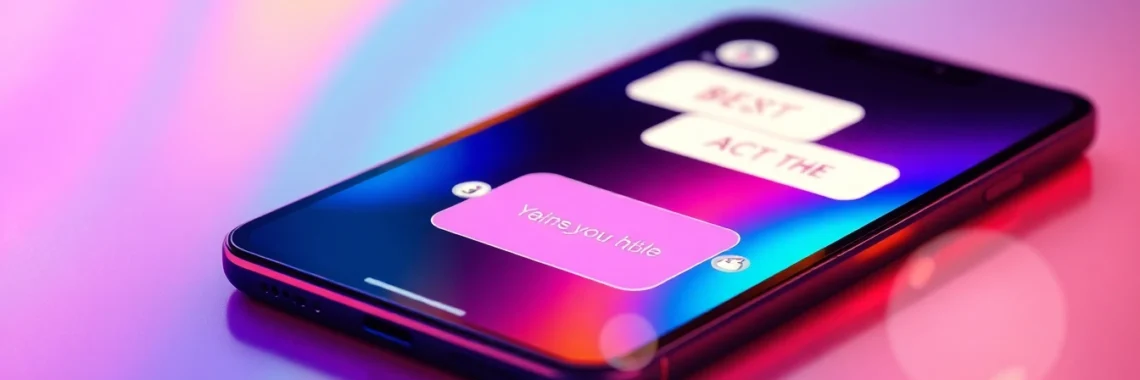 Futuristic digital chat interface on a device with colorful background and glowing speech bubbles.