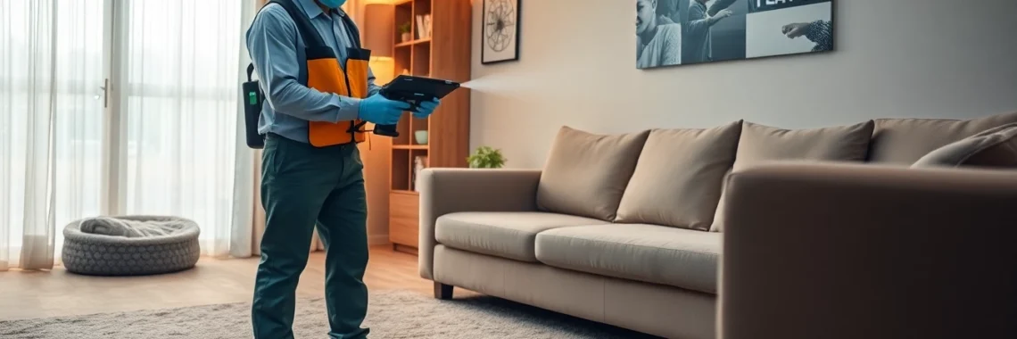 Professionele vlooienbestrijding in huis met technician en apparatuur