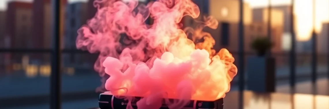 An E-cigi device with colorful vapor and stylish design, highlighting smooth vaping experience
