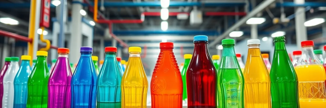 Plastic sise production line with colorful bottles being filled and packaged in a modern