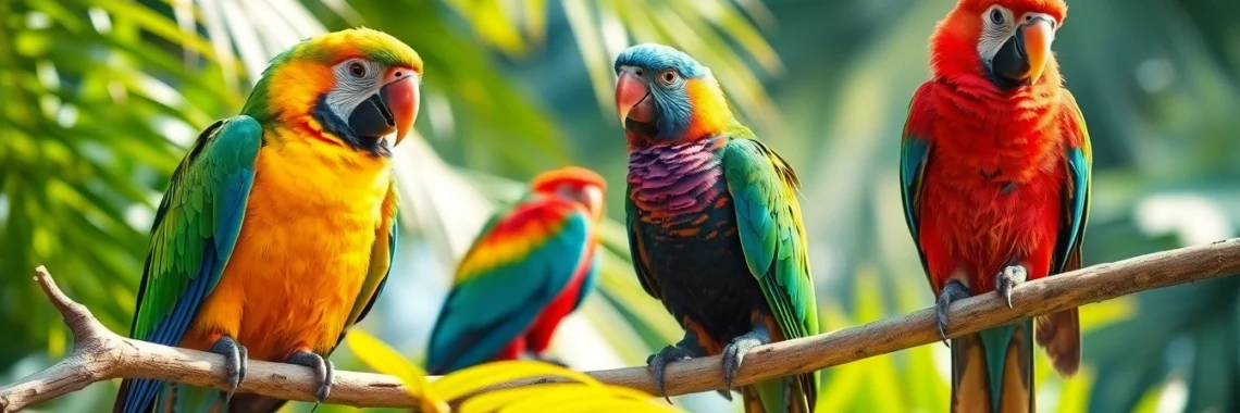 Bright parrots with vivid feathers perched on branches in a tropical setting, showcasing their