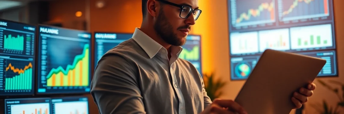 Financial analyst analyzing Alternative Investments Updates and investment charts in a modern office