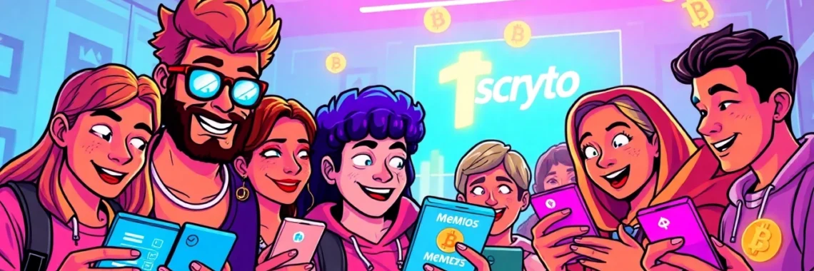 Crypto Community Meme enthusiasts brainstorming and sharing vibrant memes on devices,