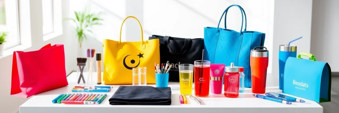 Showcase of vibrant promotional products in Louisville including pens, bags, and drinkware for